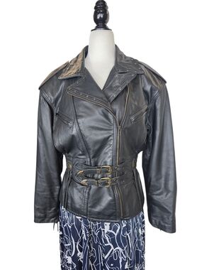 Montreal Cuir Western Vintage Fringed Cinched Leather Moto Biker Jacket